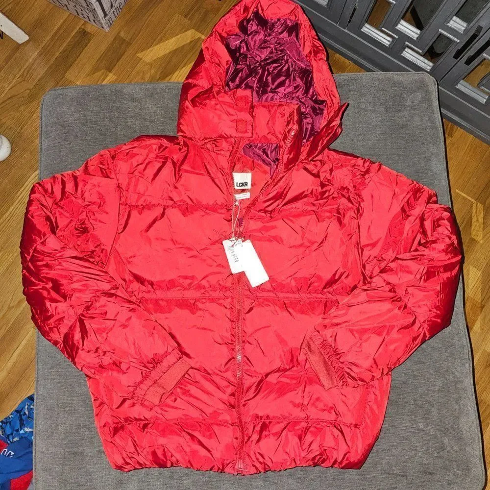 LCKR Red Full Zipper Winter Puffer Hooded Jacket For Men Size Medium